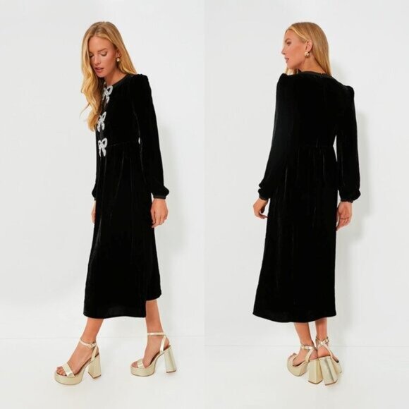 Saloni NEW Velvet Camille Bows Long Sleeve Formal Elegant Midi Dress Size 2 - Picture 4 of 12